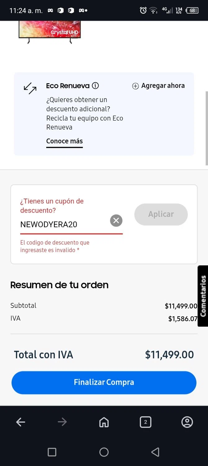 Samsung promo code screenshot showing code NEWODYERA20 applied at Samsung checkout page. Uploaded by SimplyCodes community member billgates0997923425561 on Jul 3, 2025