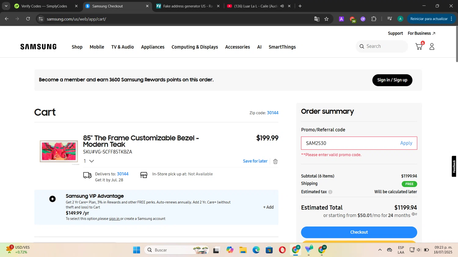 Samsung promo code screenshot showing code SAM2530 applied at Samsung checkout page. Uploaded by SimplyCodes community member CouponSentinel181 on Jul 19, 2025