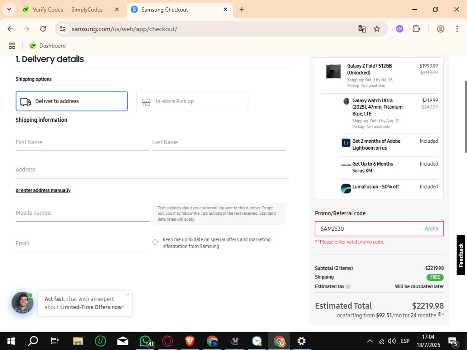 Samsung promo code screenshot showing code SAM2530 applied at Samsung checkout page. Uploaded by SimplyCodes community member Crchirino1 on Jul 18, 2025