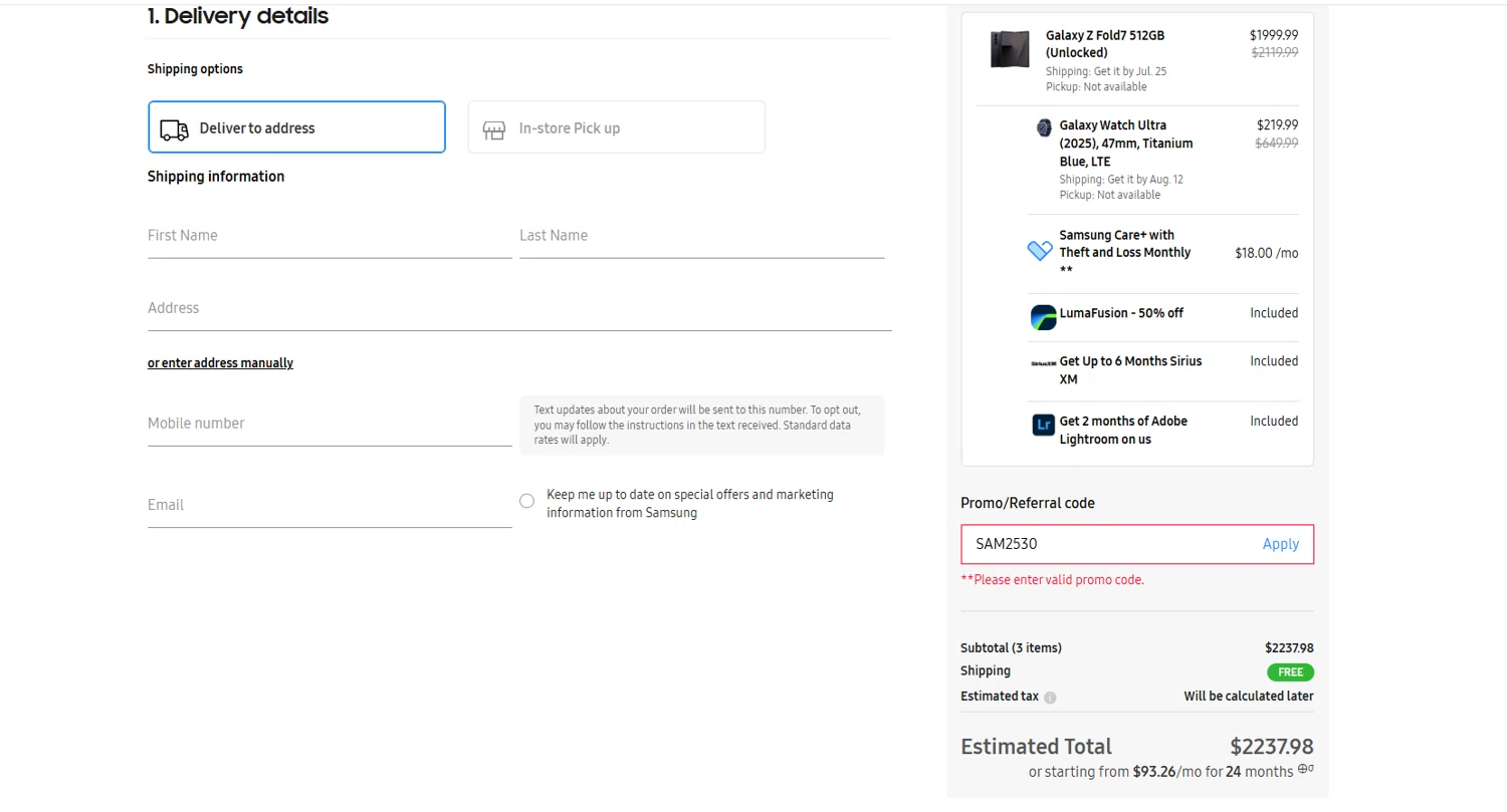 Samsung promo code screenshot showing code SAM2530 applied at Samsung checkout page. Uploaded by SimplyCodes community member Kmacho on Jul 19, 2025