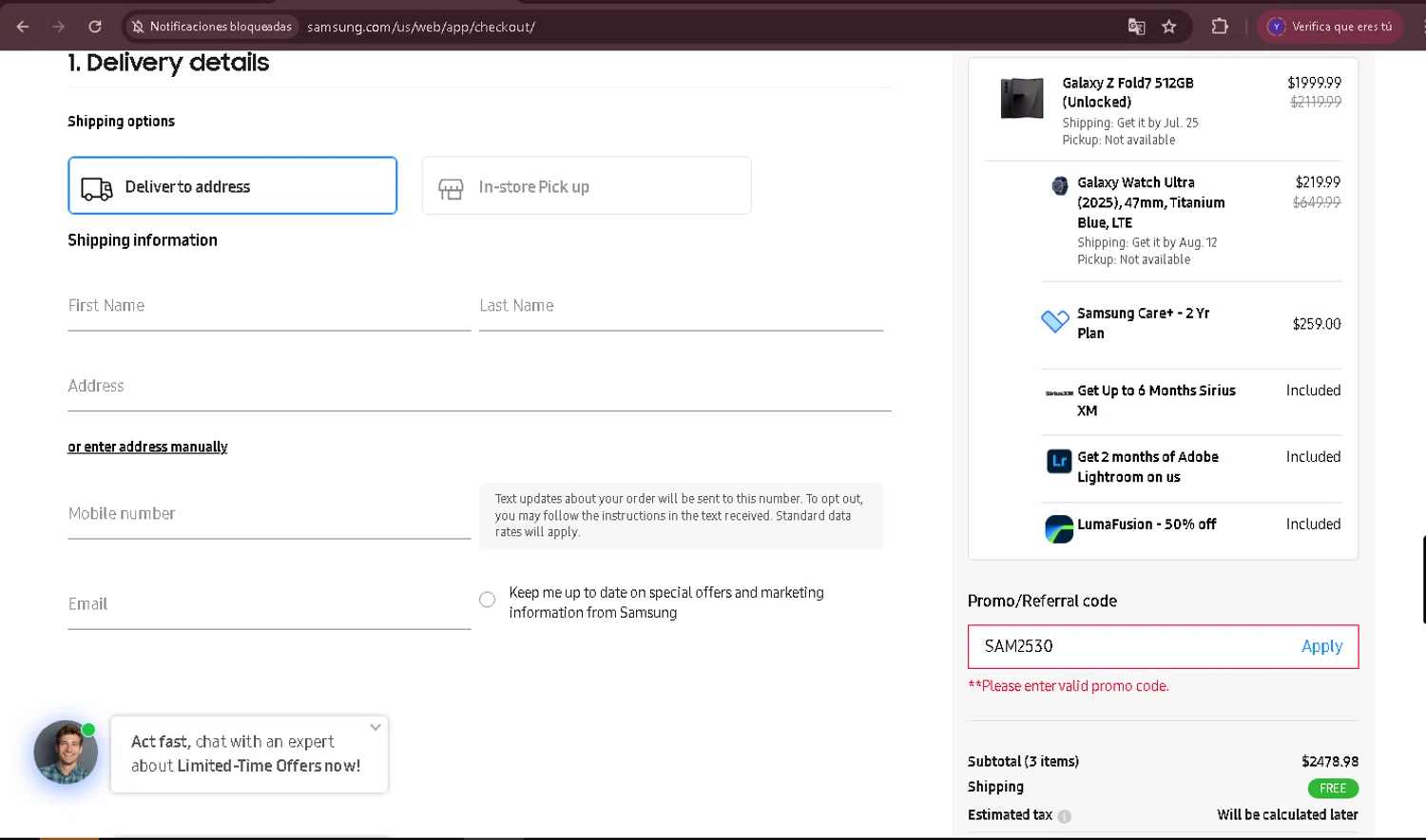 Samsung promo code screenshot showing code SAM2530 applied at Samsung checkout page. Uploaded by SimplyCodes community member Yabriel007 on Jul 19, 2025