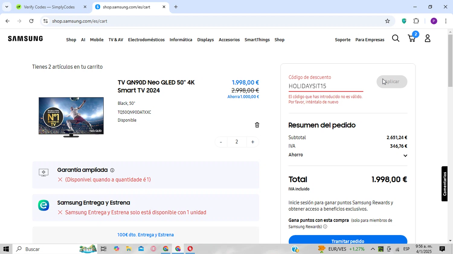 Samsung Business promo code screenshot showing code HOLIDAYSIT15 applied at Samsung Business checkout page. Uploaded by SimplyCodes community member CoinPhoenix3025 on Jan 4, 2025