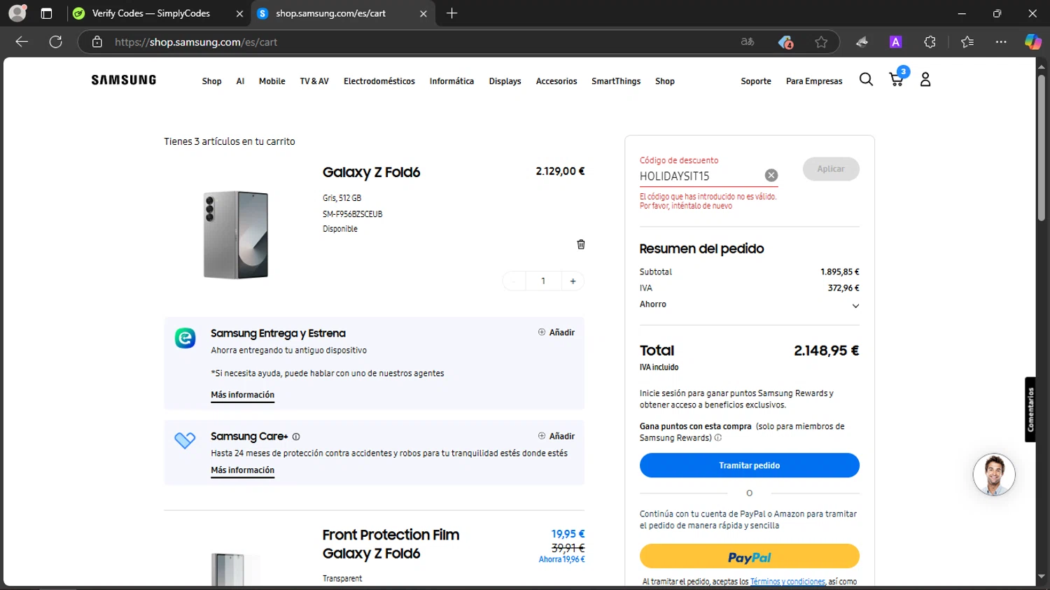 Samsung Business promo code screenshot showing code HOLIDAYSIT15 applied at Samsung Business checkout page. Uploaded by SimplyCodes community member SmartScholar9589 on Jan 4, 2025