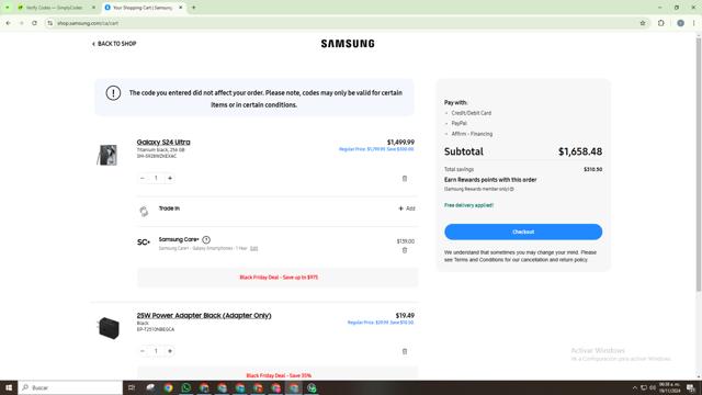Samsung Business checkout page showing Samsung Business promo code box | Screenshot taken by SimplyCodes community member on Nov 19, 2024