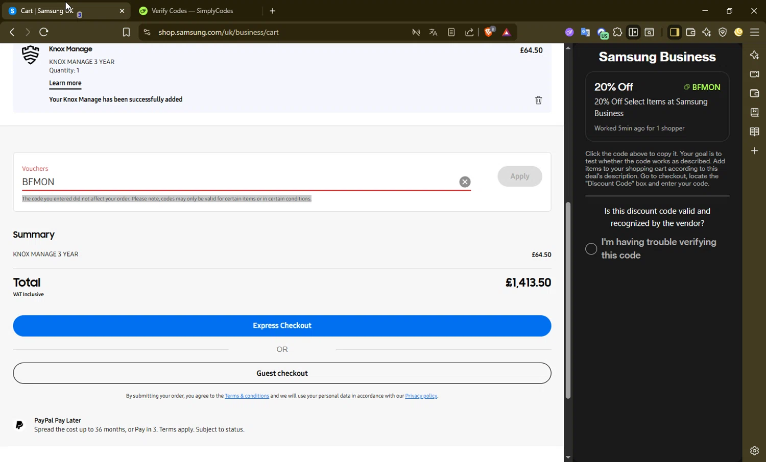 Samsung Business promo code screenshot showing code BFMON applied at Samsung Business checkout page. Uploaded by SimplyCodes community member Jisus007 on Nov 18, 2025