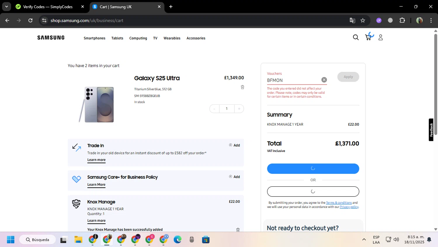 Samsung Business promo code screenshot showing code BFMON applied at Samsung Business checkout page. Uploaded by SimplyCodes community member MoneySentinel7597 on Nov 18, 2025