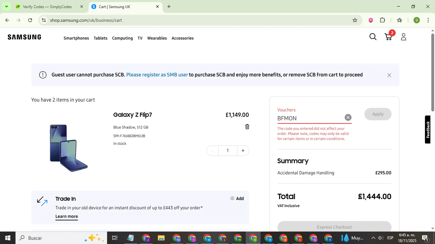 Samsung Business promo code screenshot showing code BFMON applied at Samsung Business checkout page. Uploaded by SimplyCodes community member ValiantMaestro6680 on Nov 18, 2025
