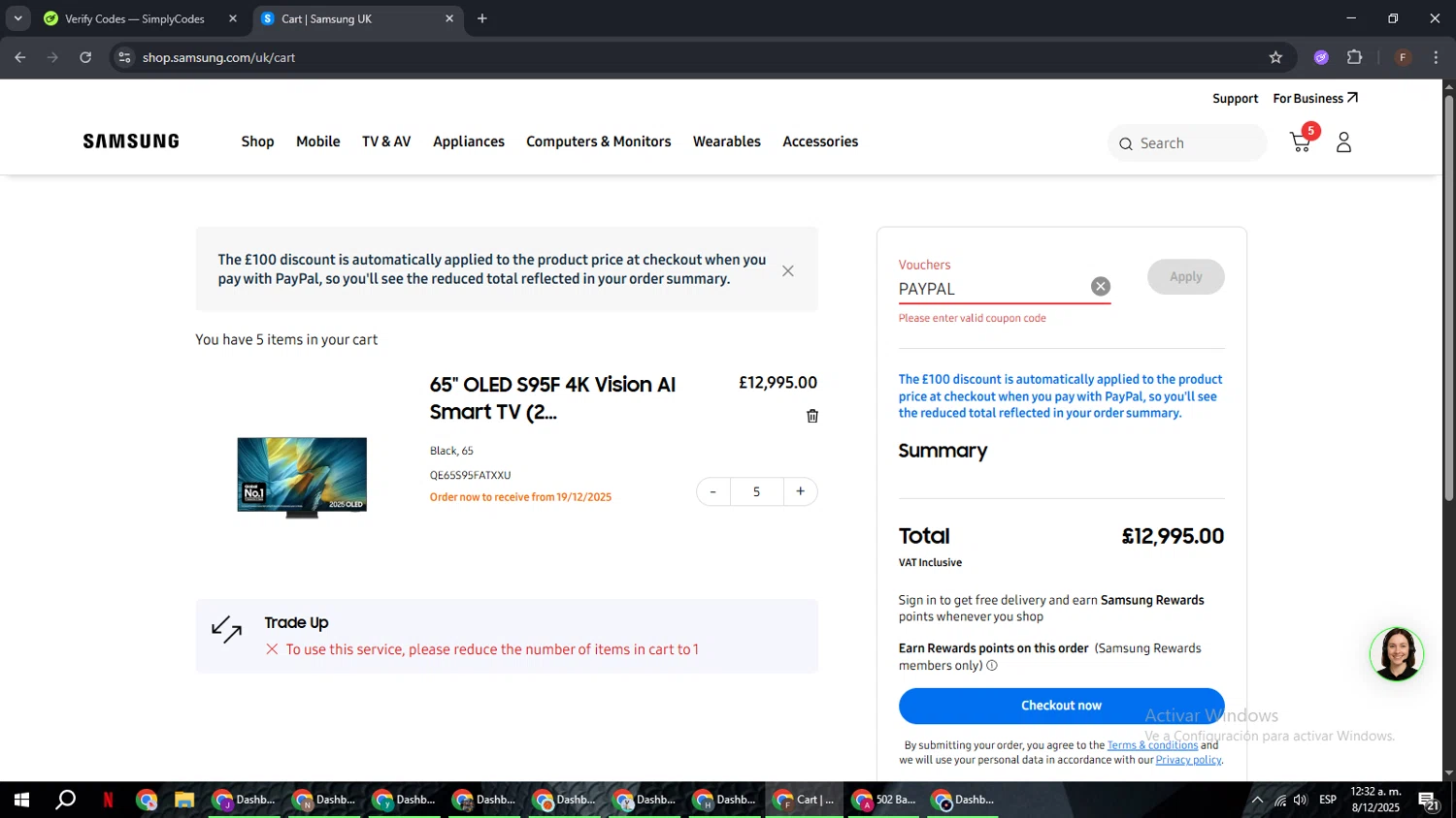 Samsung Business promo code screenshot showing code PAYPAL applied at Samsung Business checkout page. Uploaded by SimplyCodes community member ExtraordinaryHunter3076 on Dec 8, 2025