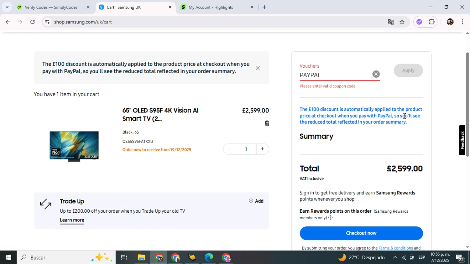 Samsung Business promo code screenshot showing code PAYPAL applied at Samsung Business checkout page. Uploaded by SimplyCodes community member Junniorduno on Dec 8, 2025