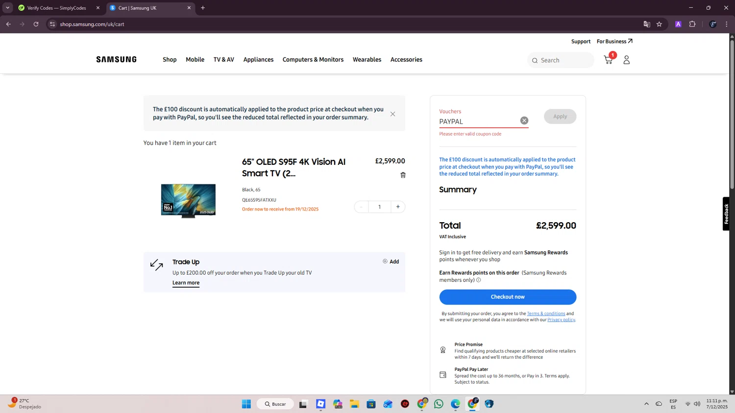Samsung Business promo code screenshot showing code PAYPAL applied at Samsung Business checkout page. Uploaded by SimplyCodes community member SmartWizard8062 on Dec 8, 2025