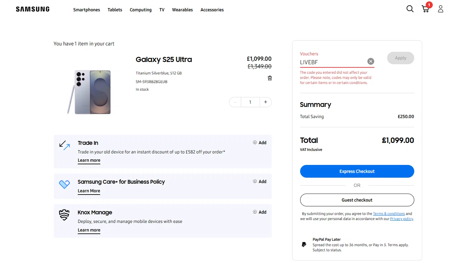 Samsung Business promo code screenshot showing code LIVEBF applied at Samsung Business checkout page. Uploaded by SimplyCodes community member Dorothy on Nov 22, 2025