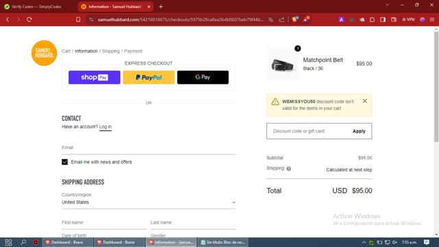 Samuel Hubbard checkout page showing Samuel Hubbard discount code box | Screenshot taken by SimplyCodes community member on Apr 16, 2024
