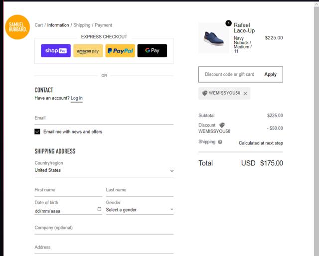 Samuel Hubbard checkout page showing Samuel Hubbard discount code box | Screenshot taken by SimplyCodes community member on Feb 27, 2024