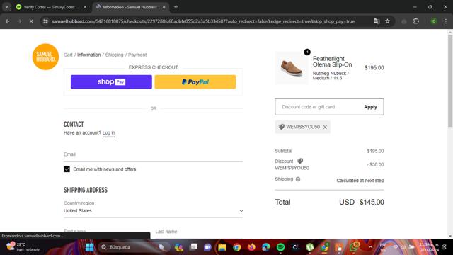 Samuel Hubbard checkout page showing Samuel Hubbard discount code box | Screenshot taken by SimplyCodes community member on Apr 27, 2024