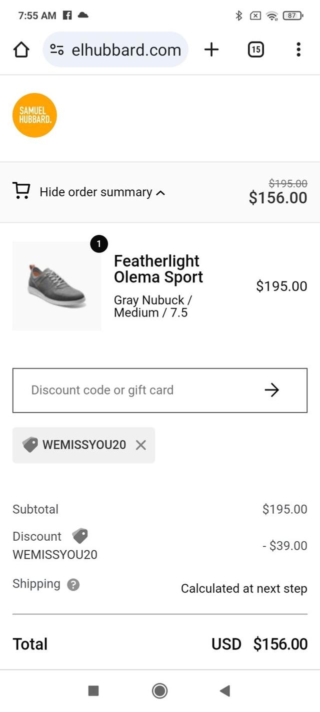 Samuel Hubbard checkout page showing Samuel Hubbard discount code box | Screenshot taken by SimplyCodes community member on Apr 16, 2024