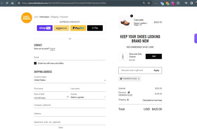Samuel Hubbard checkout page showing Samuel Hubbard discount code box | Screenshot taken by SimplyCodes community member on Feb 27, 2024
