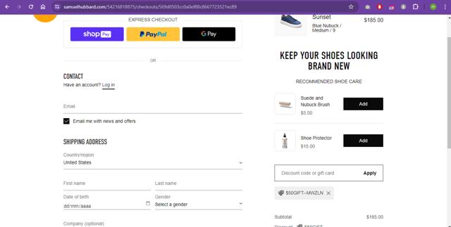 Samuel Hubbard checkout page showing Samuel Hubbard discount code box | Screenshot taken by SimplyCodes community member on Apr 16, 2024