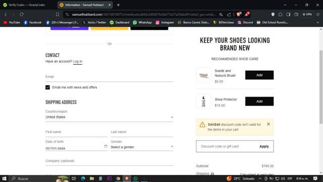 Samuel Hubbard checkout page showing Samuel Hubbard discount code box | Screenshot taken by SimplyCodes community member on Apr 26, 2024