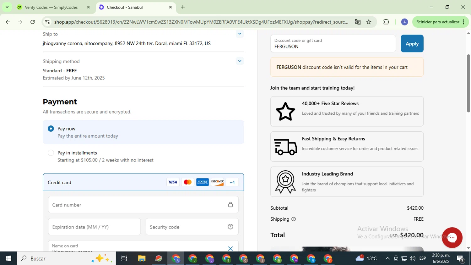 Sanabul discount code screenshot showing code FERGUSON applied at Sanabul checkout page. Uploaded by SimplyCodes community member TreasureCaptain5531 on Jun 6, 2025