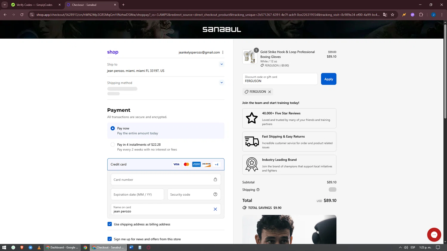 Sanabul discount code screenshot showing code FERGUSON applied at Sanabul checkout page. Uploaded by SimplyCodes community member oscarbeaujon on Aug 29, 2025