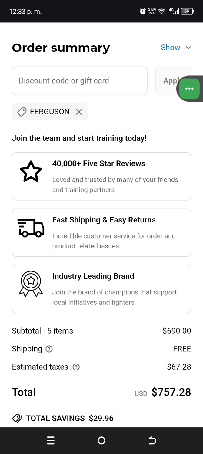 Sanabul discount code screenshot showing code FERGUSON applied at Sanabul checkout page. Uploaded by SimplyCodes community member Sanchezcarol on Apr 14, 2025