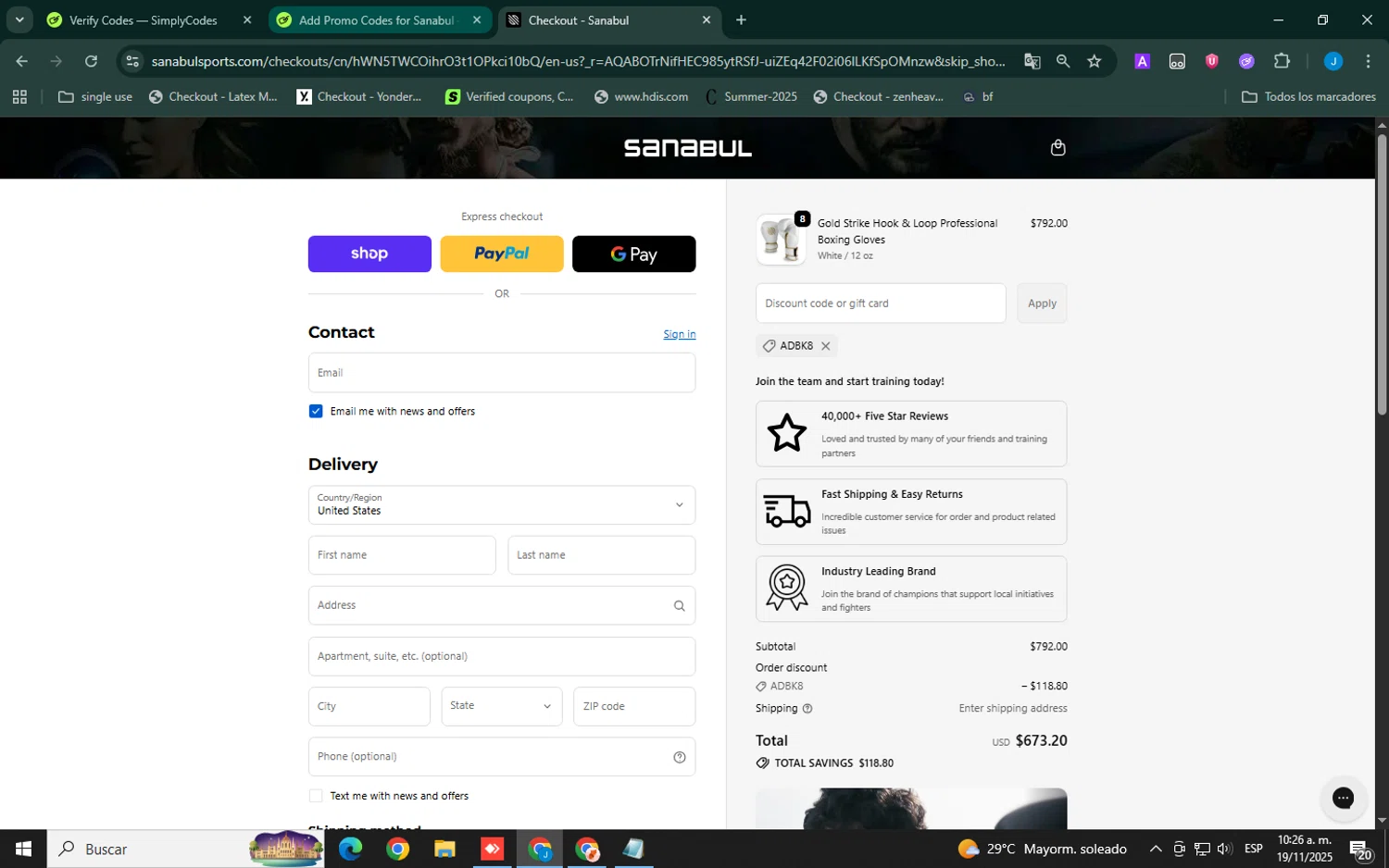 Sanabul discount code screenshot showing code adbk8 applied at Sanabul checkout page. Uploaded by SimplyCodes community member Xemocodes on Nov 19, 2025