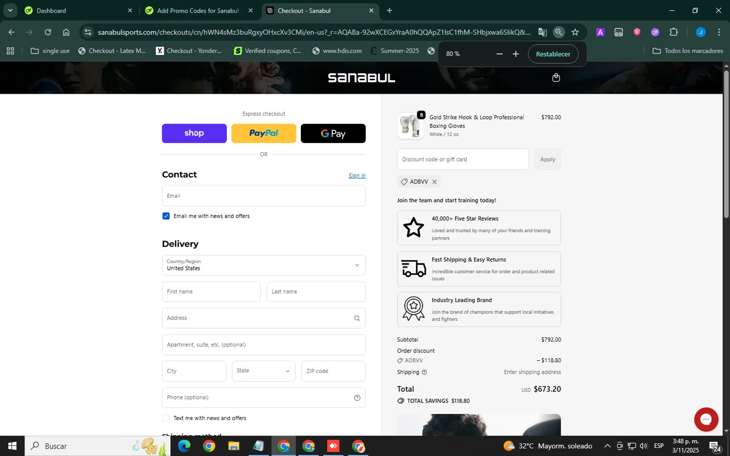 Sanabul discount code screenshot showing code ADBVV applied at Sanabul checkout page. Uploaded by SimplyCodes community member Xemocodes on Nov 3, 2025