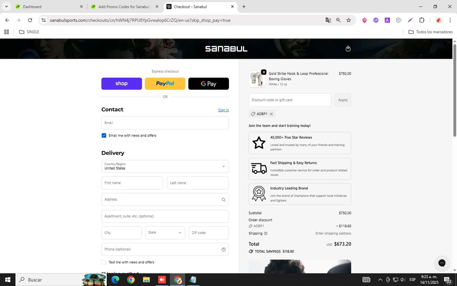 Sanabul discount code screenshot showing code adbp1 applied at Sanabul checkout page. Uploaded by SimplyCodes community member chemozavala on Nov 14, 2025