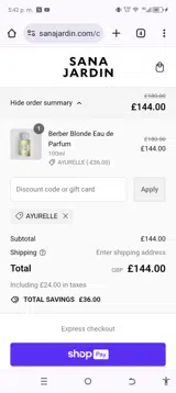 AYURELLE coupon verification screenshot