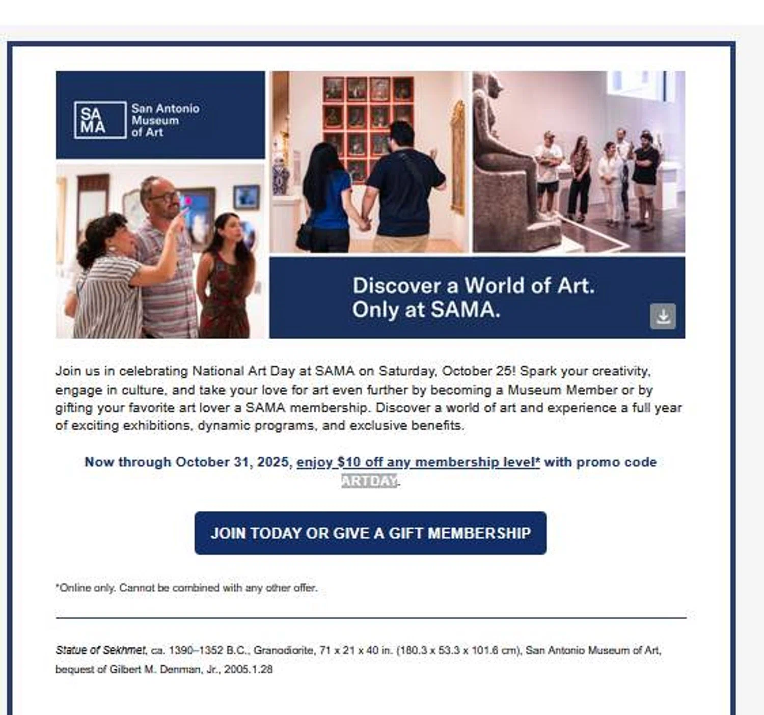 San Antonio Museum of Art promo code screenshot showing code ARTDAY applied at San Antonio Museum of Art checkout page. Uploaded by SimplyCodes community member stygian1 on Oct 24, 2025
