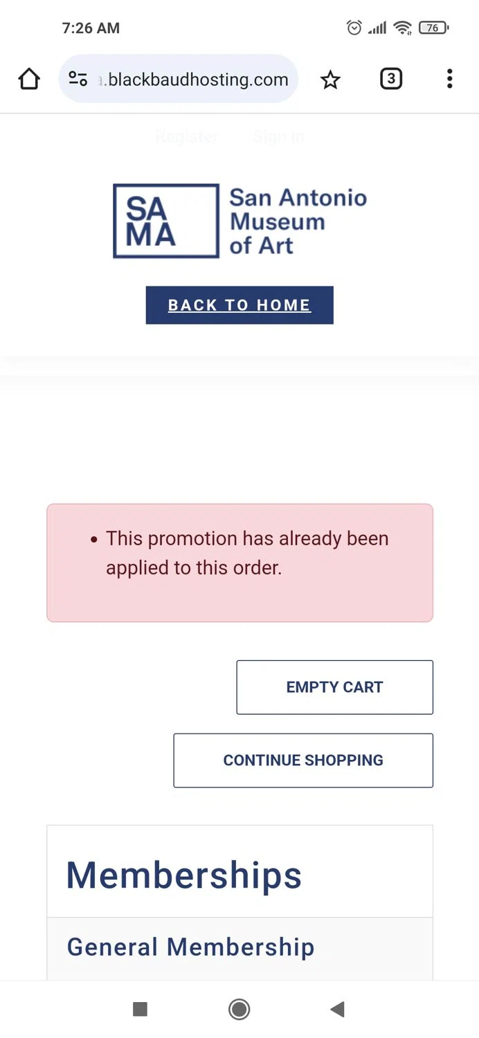 San Antonio Museum of Art promo code screenshot showing code SAMA2MORE applied at San Antonio Museum of Art checkout page. Uploaded by SimplyCodes community member Piolin on Jan 11, 2025