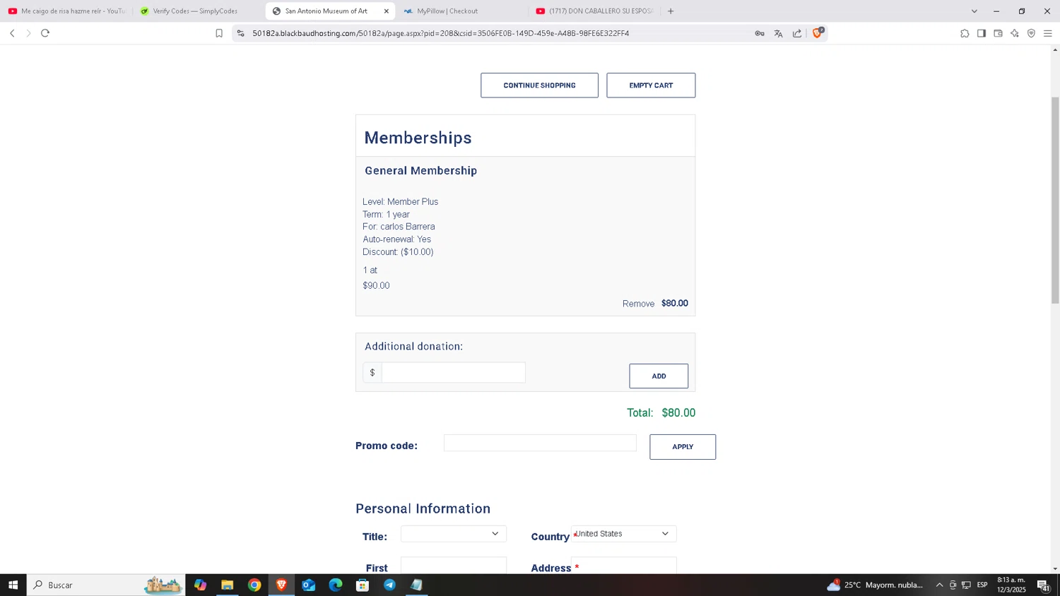 San Antonio Museum of Art checkout page showing San Antonio Museum of Art promo code box | Screenshot taken by SimplyCodes community member on Mar 12, 2025