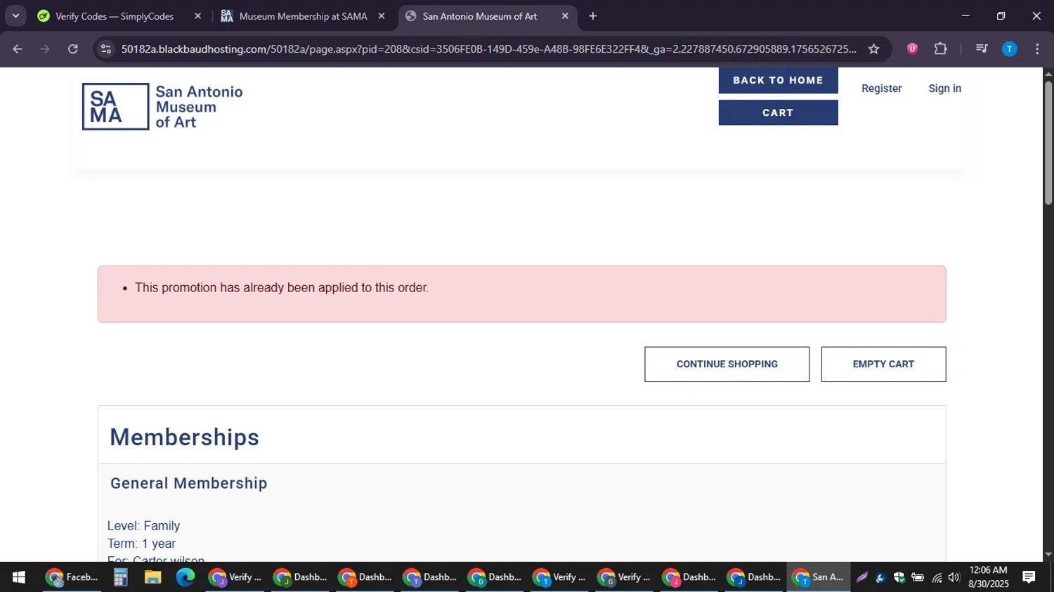 San Antonio Museum of Art promo code screenshot showing code SAMA10 applied at San Antonio Museum of Art checkout page. Uploaded by SimplyCodes community member LuckyPioneer4530 on Aug 30, 2025