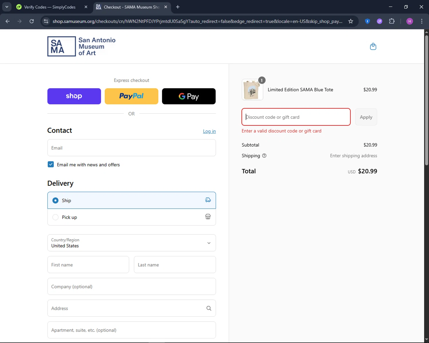 San Antonio Museum of Art promo code screenshot showing code SAMA10 applied at San Antonio Museum of Art checkout page. Uploaded by SimplyCodes community member TokenNavigator6891 on Aug 30, 2025