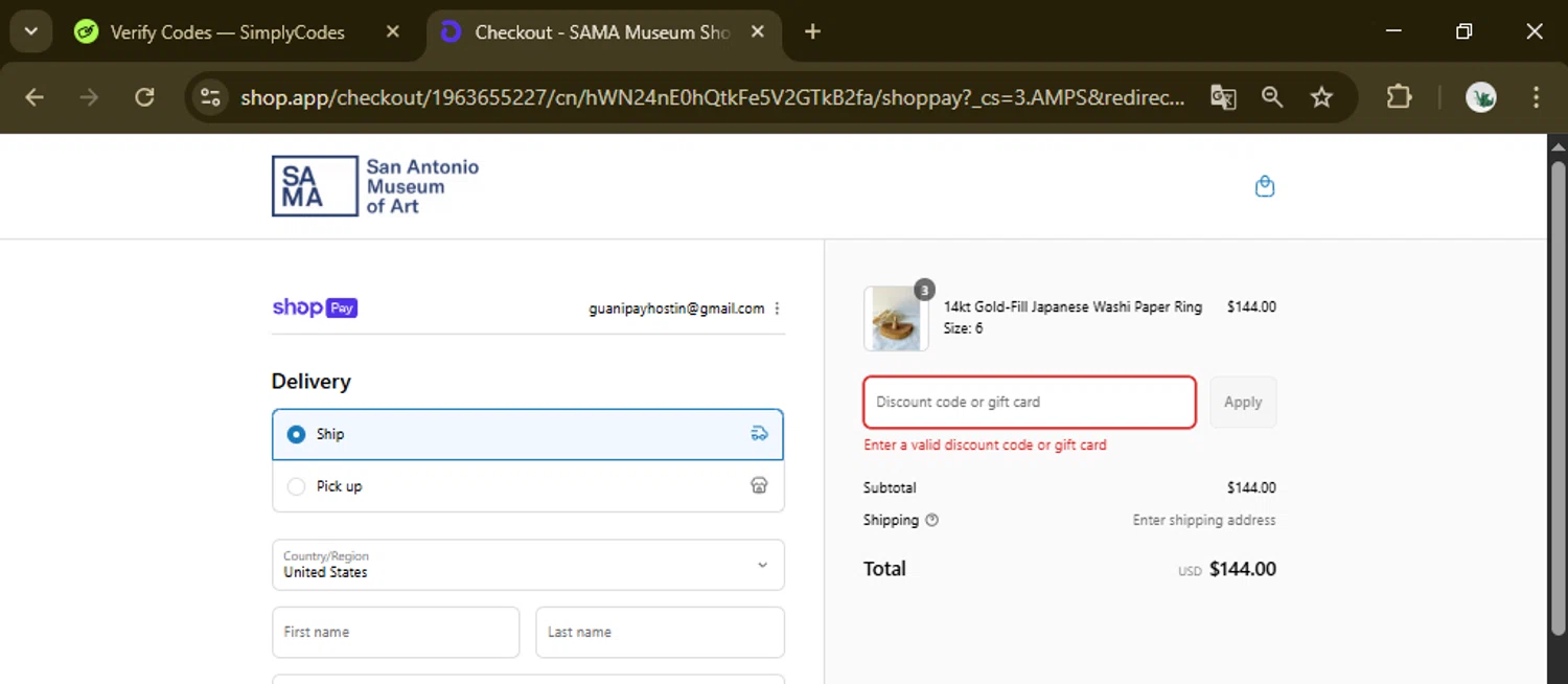 San Antonio Museum of Art promo code screenshot showing code SAMAVIBES25 applied at San Antonio Museum of Art checkout page. Uploaded by SimplyCodes community member eltotiiiiiii on Aug 22, 2025