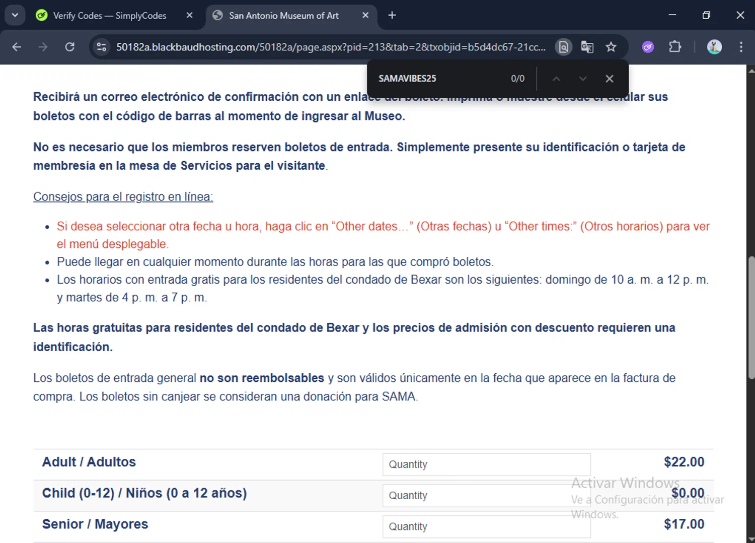 San Antonio Museum of Art promo code screenshot showing code SAMAVIBES25 applied at San Antonio Museum of Art checkout page. Uploaded by SimplyCodes community member toti2222 on Aug 22, 2025
