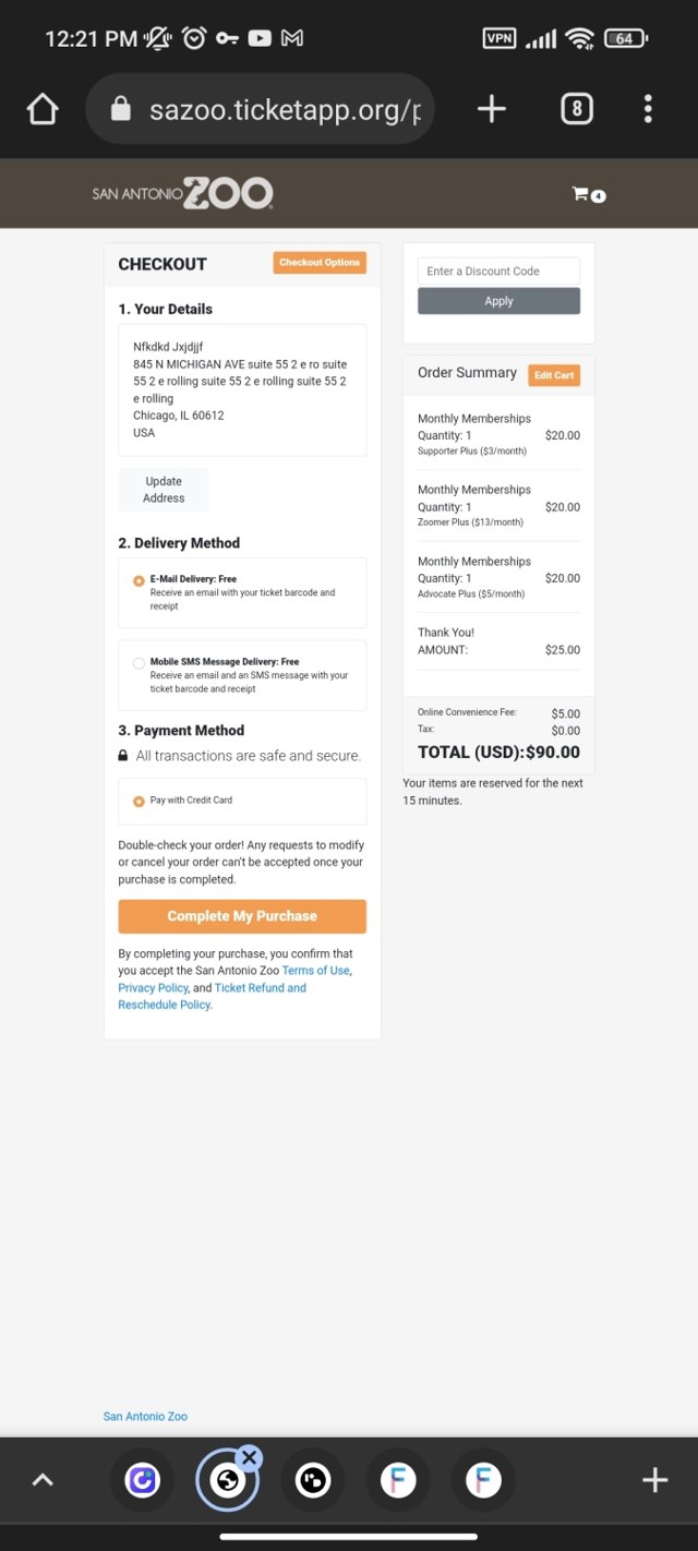 San Antonio Zoo checkout page showing San Antonio Zoo discount code box | Screenshot taken by SimplyCodes community member on Oct 30, 2022