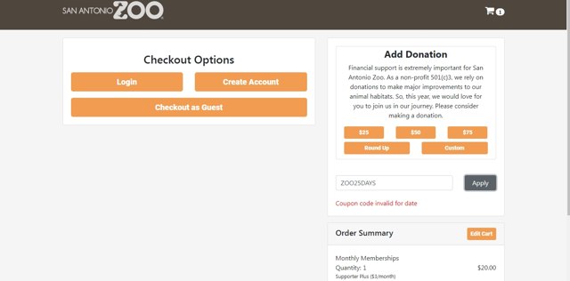 San Antonio Zoo checkout page showing San Antonio Zoo discount code box | Screenshot taken by SimplyCodes community member on Jan 2, 2023