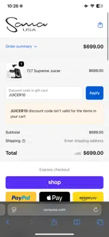 JUICER10 coupon verification screenshot