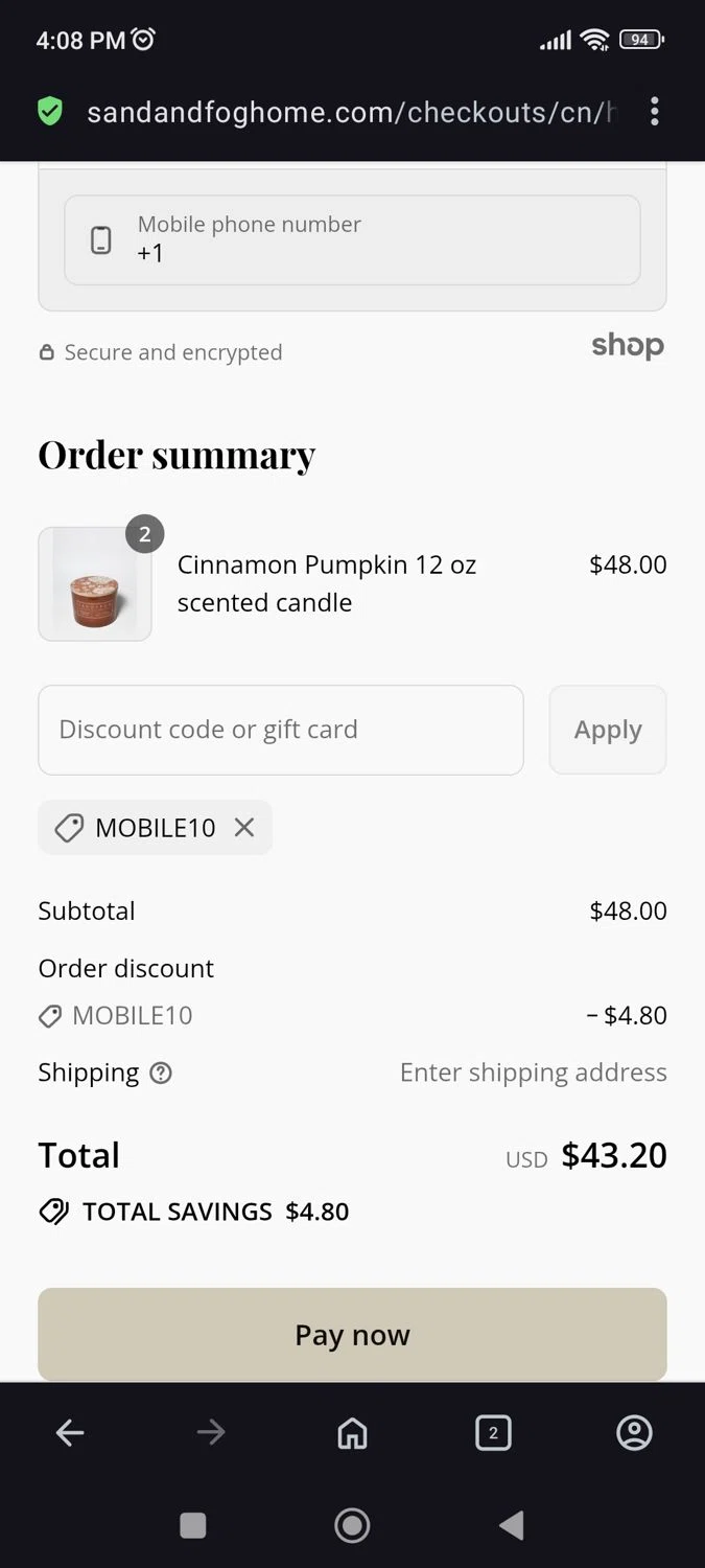 Sand + Fog coupon code screenshot showing code MOBILE10 applied at Sand + Fog checkout page. Uploaded by SimplyCodes community member JulesCrnel on Aug 24, 2025