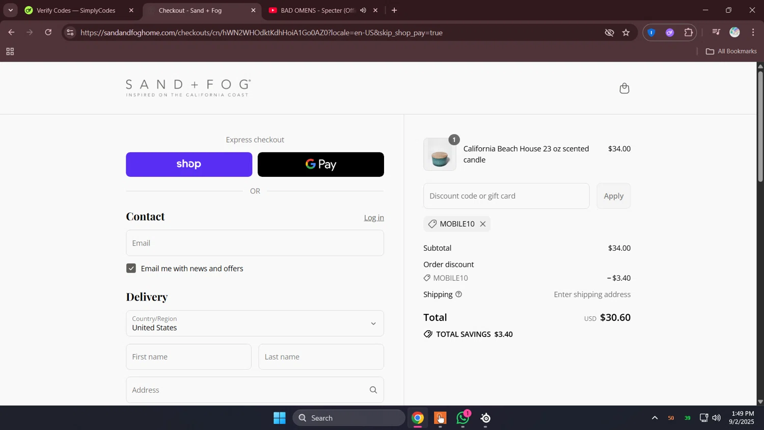Sand + Fog coupon code screenshot showing code MOBILE10 applied at Sand + Fog checkout page. Uploaded by SimplyCodes community member lunita on Sep 2, 2025