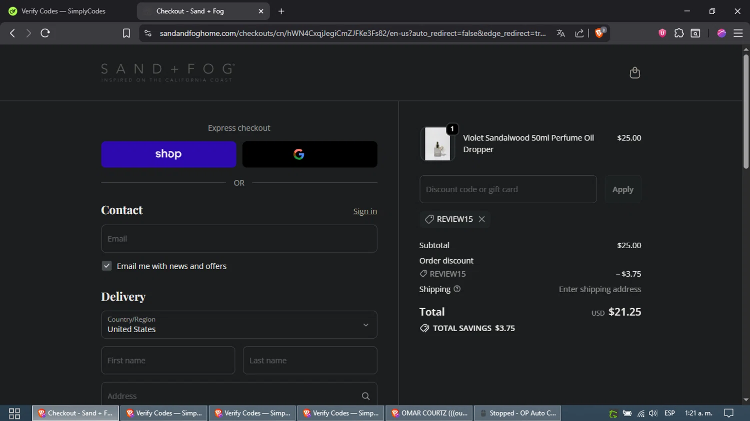 Sand + Fog coupon code screenshot showing code REVIEW15 applied at Sand + Fog checkout page. Uploaded by SimplyCodes community member Samira on Oct 17, 2025