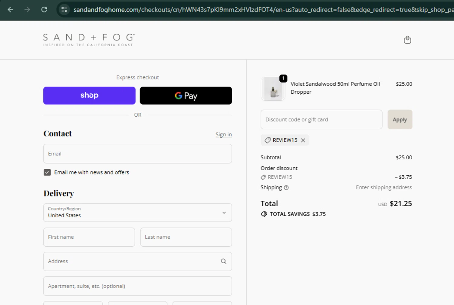 Sand + Fog coupon code screenshot showing code REVIEW15 applied at Sand + Fog checkout page. Uploaded by SimplyCodes community member xaswqe on Oct 13, 2025