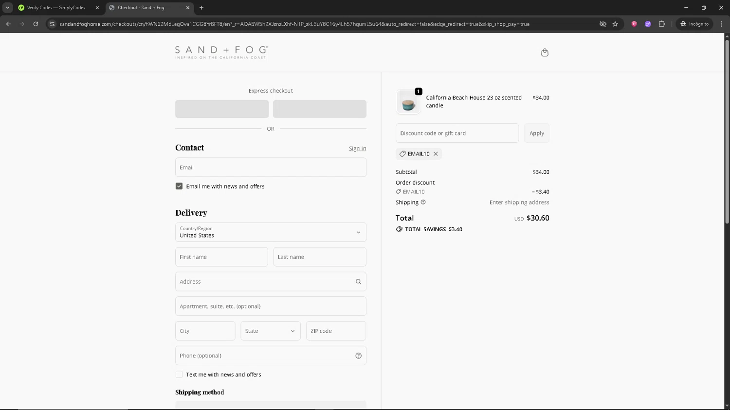 Sand + Fog coupon code screenshot showing code EMAIL10 applied at Sand + Fog checkout page. Uploaded by SimplyCodes community member AVATIGRITO on Dec 4, 2025