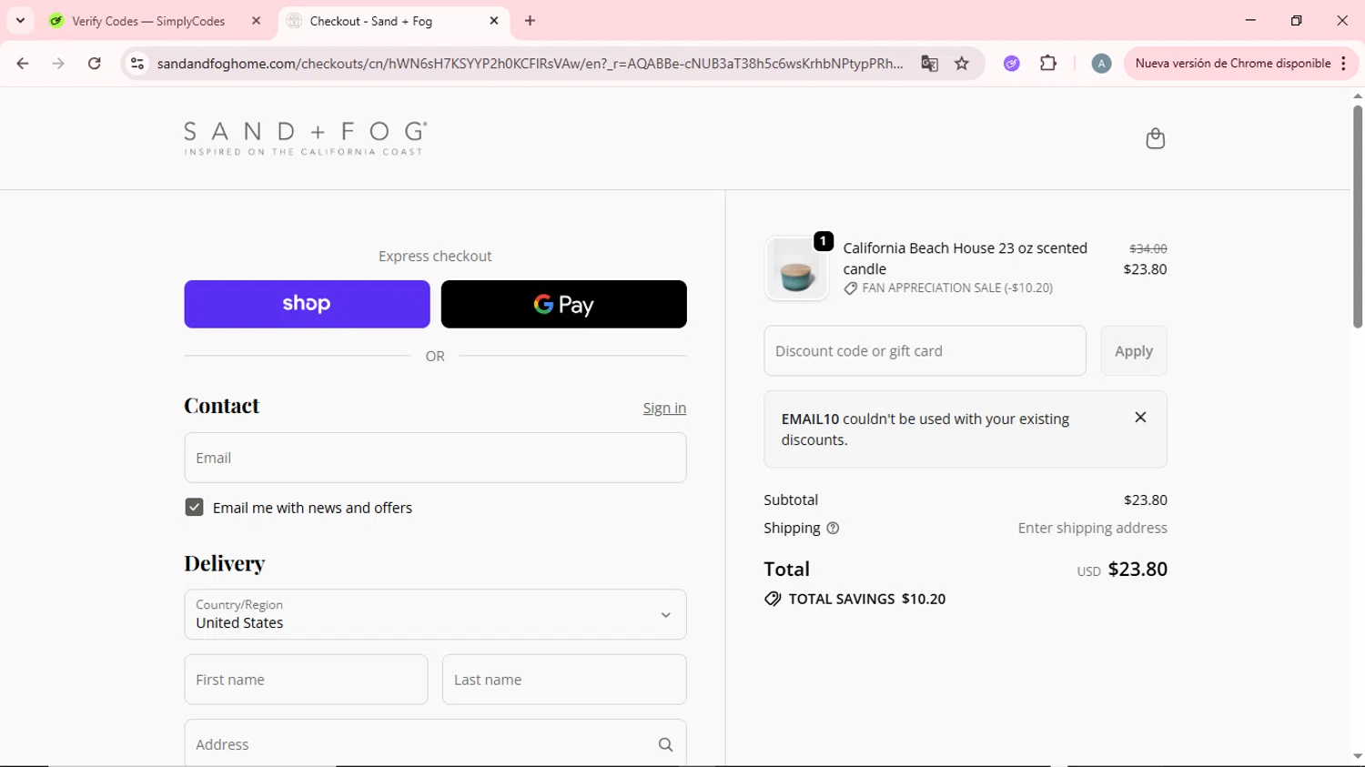 Sand + Fog coupon code screenshot showing code EMAIL10 applied at Sand + Fog checkout page. Uploaded by SimplyCodes community member CrownSpotter6947 on Dec 26, 2025