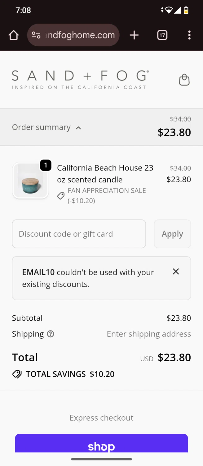 Sand + Fog coupon code screenshot showing code EMAIL10 applied at Sand + Fog checkout page. Uploaded by SimplyCodes community member Junior13 on Dec 26, 2025