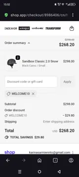 WELCOME10 coupon verification screenshot