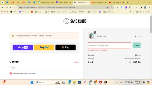 Sandcloud checkout page showing Sandcloud coupon code box | Screenshot taken by SimplyCodes community member on Apr 7, 2024
