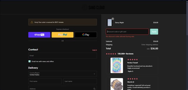 Sandcloud checkout page showing Sandcloud coupon code box | Screenshot taken by SimplyCodes community member on Jul 8, 2024
