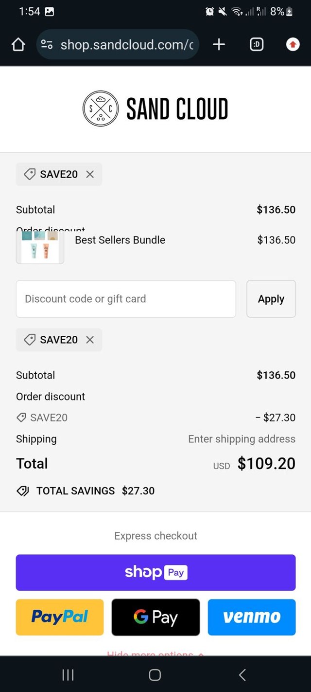 Sandcloud checkout page showing Sandcloud coupon code box | Screenshot taken by SimplyCodes community member on Mar 28, 2024
